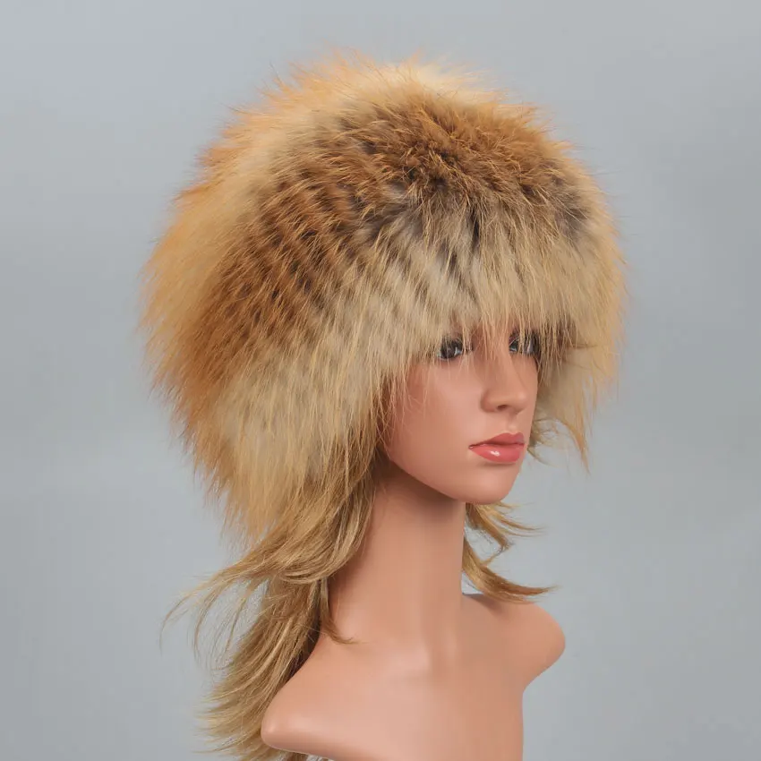 Real Fox Fur Pompom Bomber Winter Hats Russian Female Ski Mask Natural Raccoon Fur Hat Knitted Skullies Beanies Fall Women's Cap