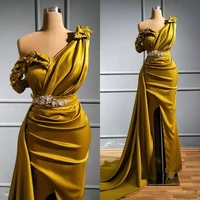 arabic gold sexy mermaid prom dresses one shoulder crystals evening dress high split formal party second reception gowns vestido