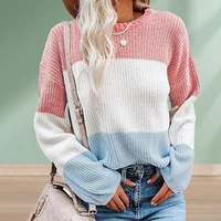 autumn winter casual women sweater color contrast soft simple ladies round neck color stitching knitted top knitwear daily wear