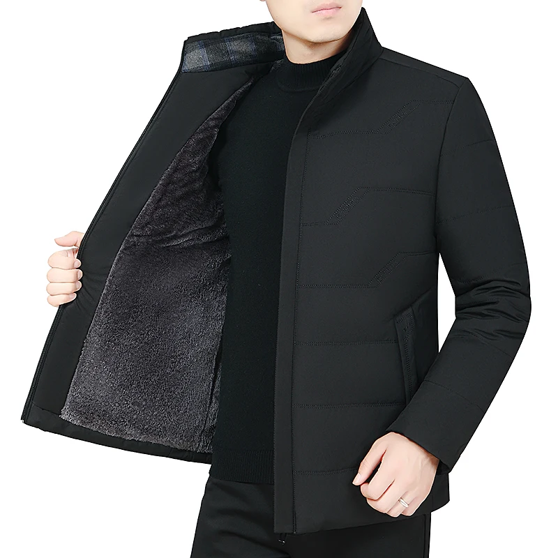 

Black Navy Blue Green Puffer Parkas Men Stand Collar Thick Warm Fleece Lining Puff Jacket Man Thermal Quilted Basic Coat Costumn