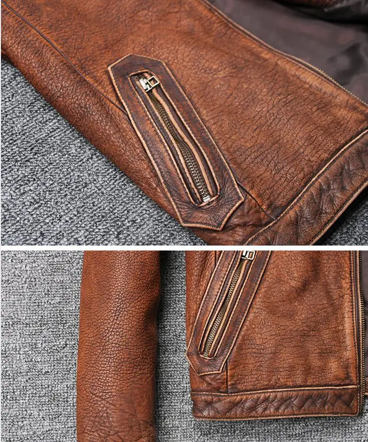 

cow men's vintage leather jacket stand collar wash do old leather coat men brown color simple style biker jacket for male