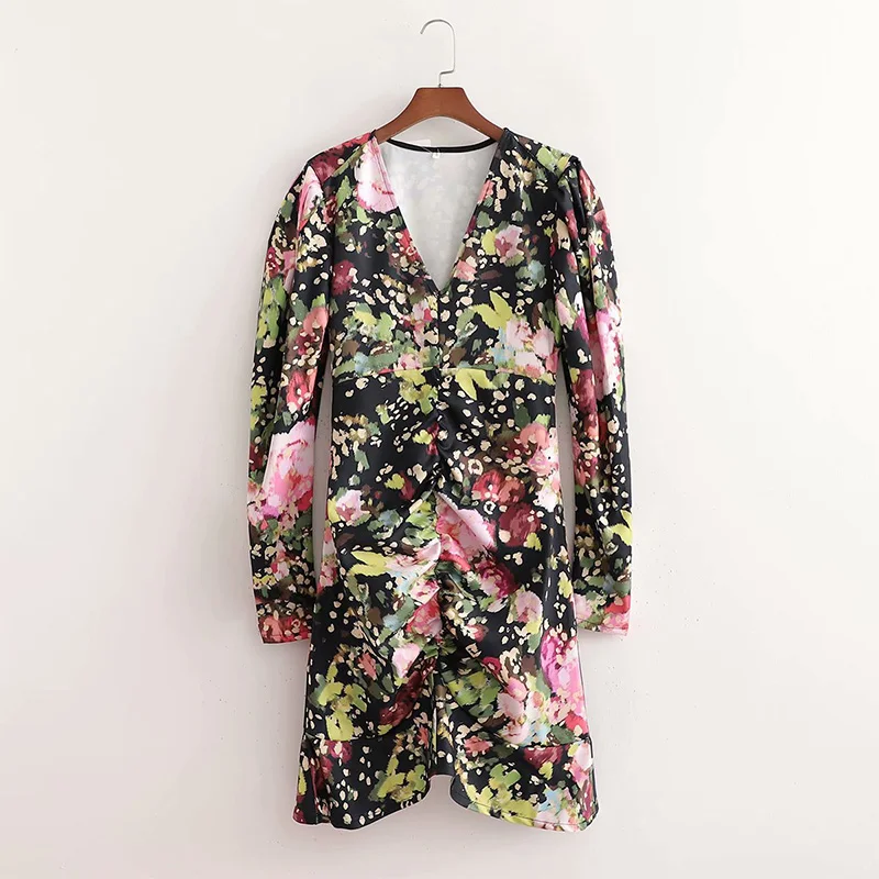 

Ladies Elegant Lamb Sleeve V-neck Fishtail Print Dress Women's 2021 New Summer Floral Long Sleeve V Neck Fashion Short Dresses