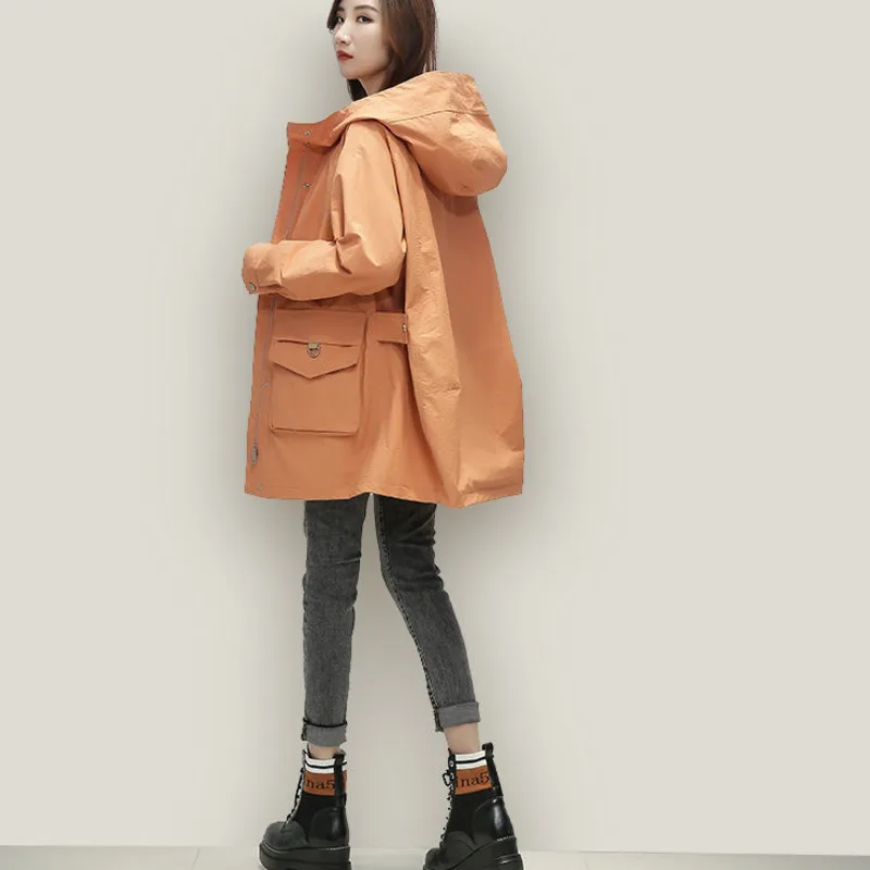 

2021 Spring Autumn Hooded Jacket Short Trench Coat Women Double Breasted Slim Trench Coat Female Outwear Fashion Windbreaker