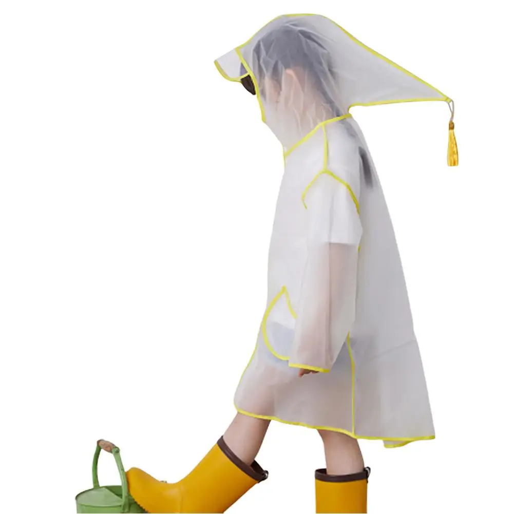 Модный прозрачный плащ с капюшоном широкими полями и кисточками детская одежда