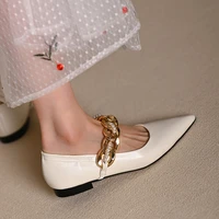 2021 flats shoes woman mary janes single shoe pointed toe genuine leather pearl chain temperament white womens shoes retro