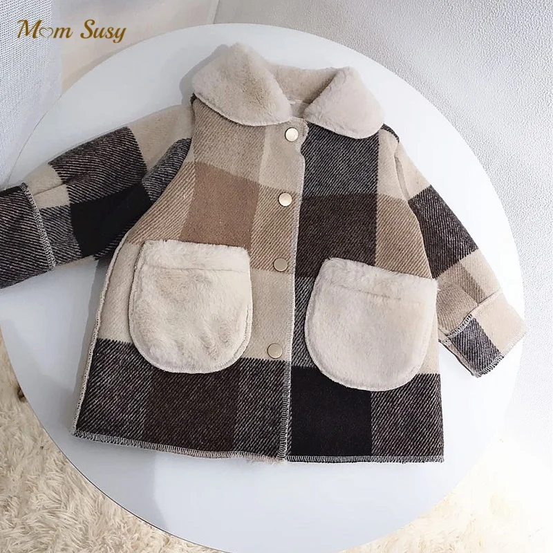

Baby Boy Girl Woolen Jacket Fur In One Plaid Warm Infant Toddle Lapel Tweed Coat Long Fleece Winter Baby Outwear Clothes 1-14Y