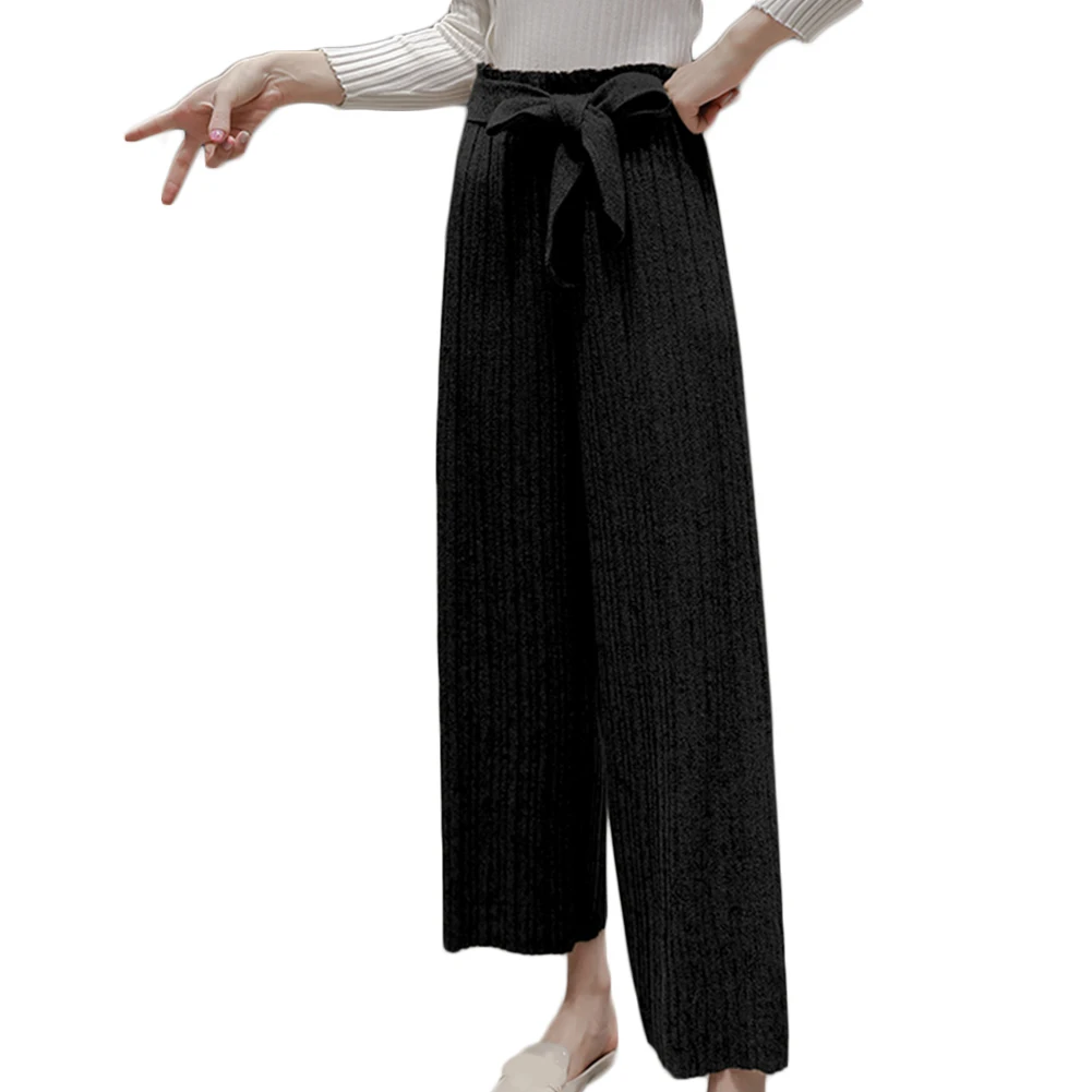 

Autumn Winter Women High Waist Trousers Thick Knit Wool Casual Pants Wide Leg Pants Ninth Pants Fashion