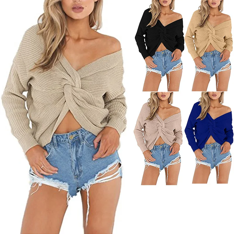 

Sexy V-Neck Long-Sleeved Sweater Top Halter Pullover Women Knitted Casual Sweaters Female Winter Clothes Lady Jumpers JS0007