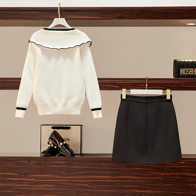 

Autumn Wear Large Size Ladies Women White Sweater & Emboridery Flower Skirt Two-Piece Suits Fashion Vogue Set Clothing Girl