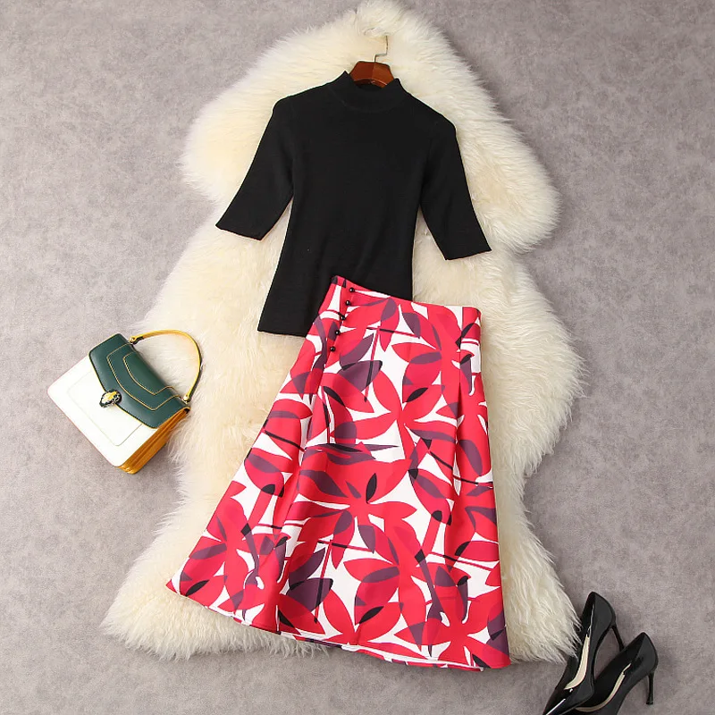 

Clothing Set Woman 2021 Summer Women's Half Sleeve Slim Knitted Top + High Waist Large Swing Printed Skirt Fashion Two Piece Set