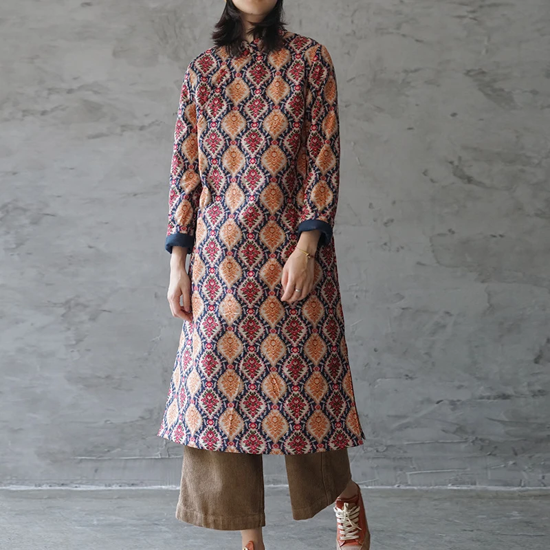 Женское платье-Чонсам Johnature зимнее удобное теплое платье с цветочным принтом и