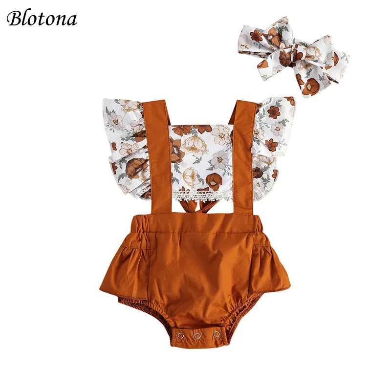 

Blotona Baby Girls Ruffle Fly Sleeve Jumpsuit Sweet Floral Stitching Back Bandage Romper and Headband 2Pcs Summer Set 0-24Moths