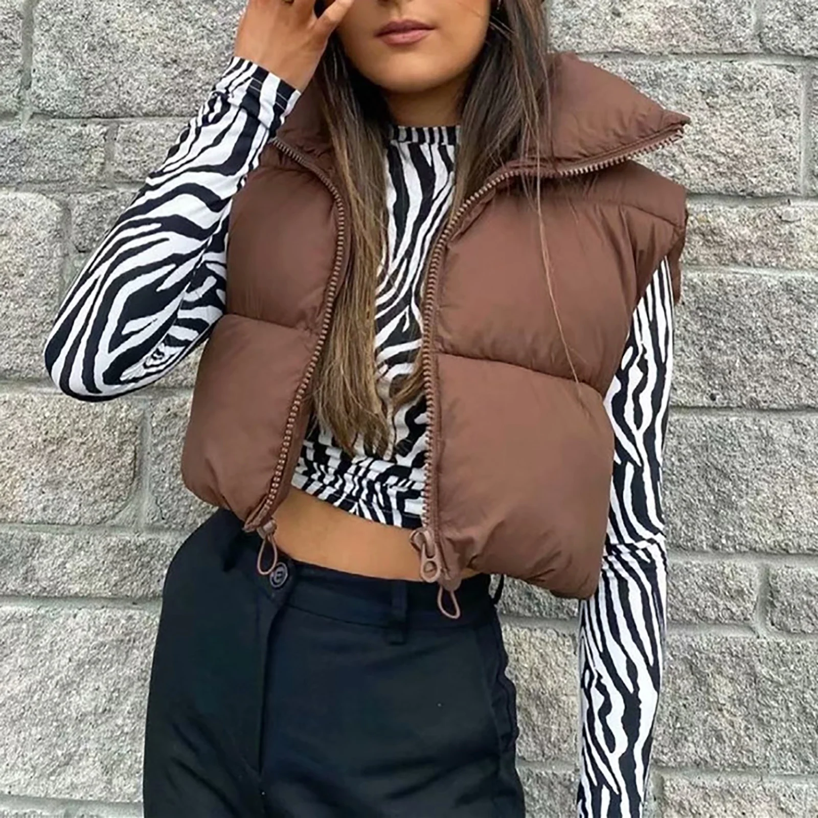 

#S-XL Women Sleeveless Zipper Warmer Vest Stand Collar Thicken Cotton Thermal Coat Tops Autumn Winter Casual Costume