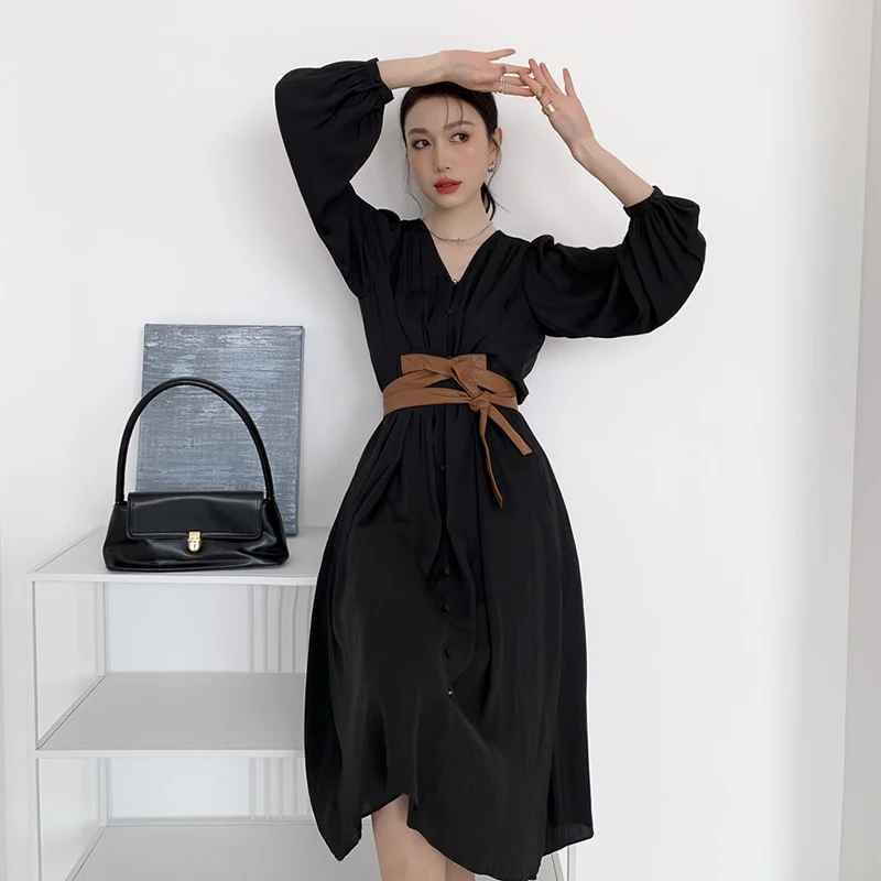 

Long Sleeve Elegant French Dress Women High Waist Belt Slim Party Black Dresses V Neck Audrey Hepburn Casual Holiday Ins Frocks