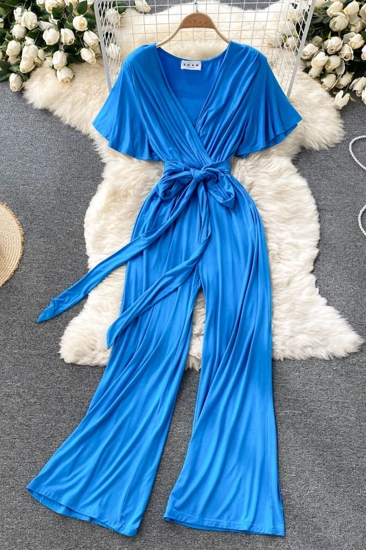 

Yujie style summer goddess fan temperament V-neck tie waist was thin and long jumpsuit women's casual wide-leg pants