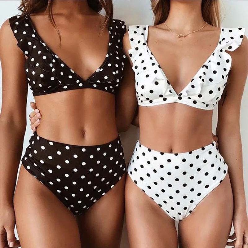 

Sexy Women Swimsuit Polka Dot Push Up Bikini Set High Waist Ruffle Swimwear Padded Plunging Beachwear Tankini bikini XL