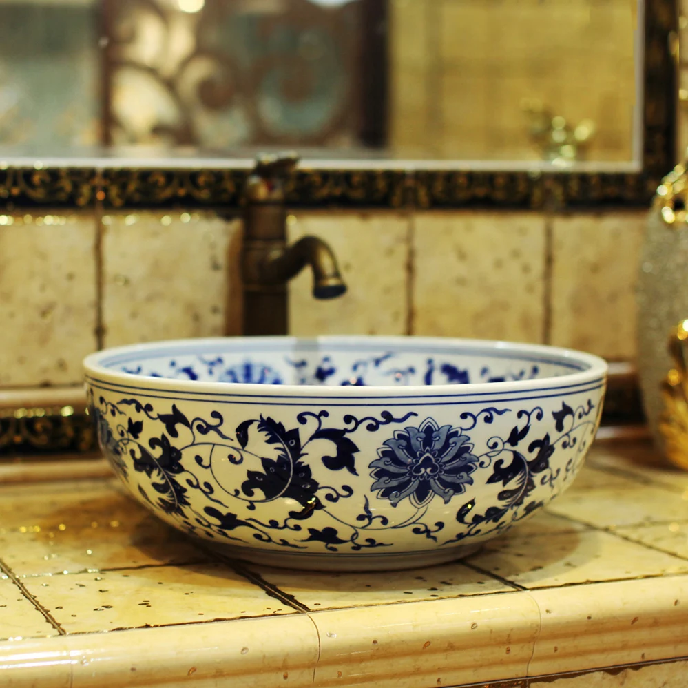 Китайская раковина вертикальная керамическая синяя и белая | Обустройство дома