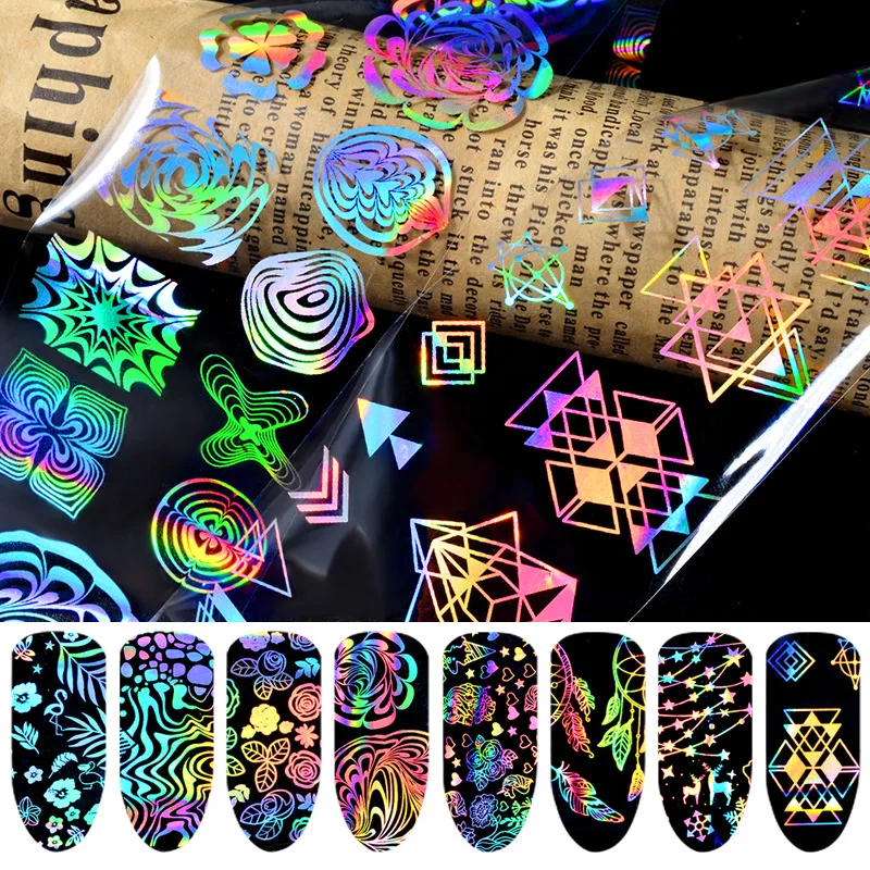 

8Pcs/set Manicure Star Laser Fire Flower Color Sky Pattern Nail Art Foil Transfer Paper Sticker 4*20cm Holographic Nail Foil