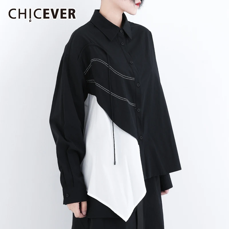 

CHICEVER прямые Лоскутные цветные рубашки для женщин с отложным воротником и длинным рукавом свободные блузки на пуговицах женские корейские о...