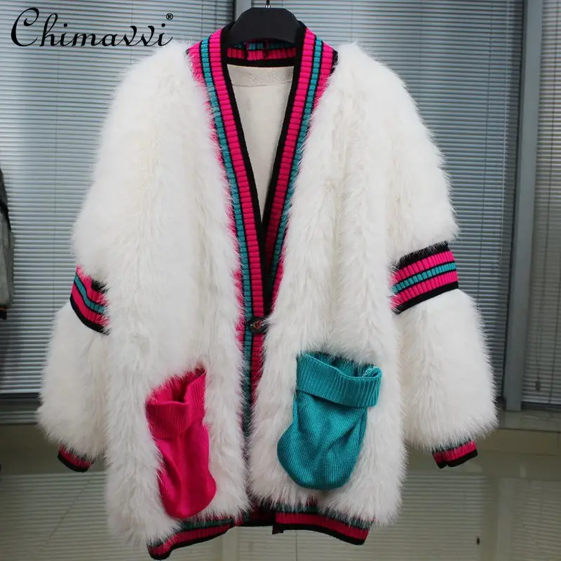 

2022 New Lamb Wool Blended Warm Coat Autumn Winter Long Sleeve V Neck Fur Jacket Female Thickened Fashion Faux Fur Overcoat