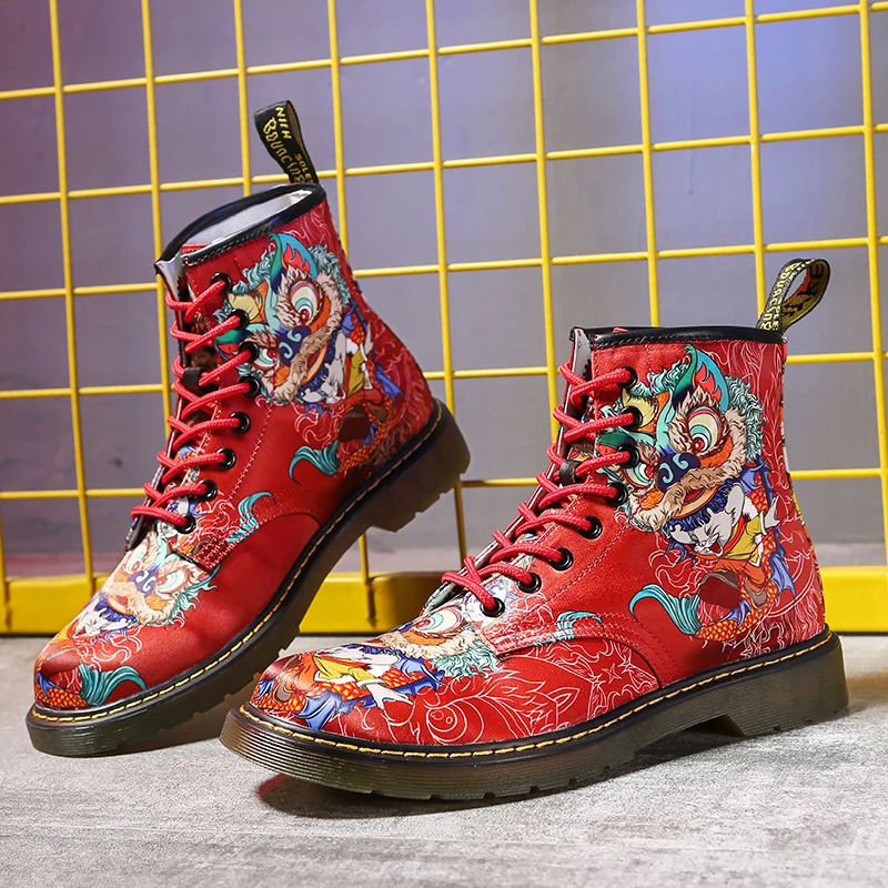

Platform Fashion Men's Boots Designer Personality Hand-painted Red Chinese Style Ankle Boots Street Lace-up Cowboy Short Boots