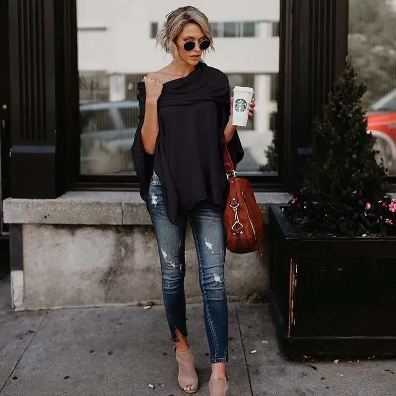 

European and American hot women's off shoulder shirt T-shirt women's irregular medium length shirt one shoulder women's wear