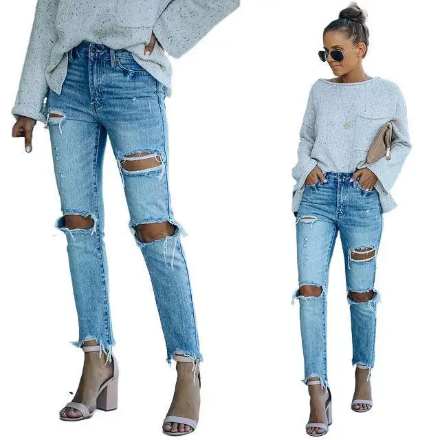 

Free Shipping Ripped Jeans Summer Mid Waist Ripped Jeans For Women Street Hipsters Women'S Ripped Jeans