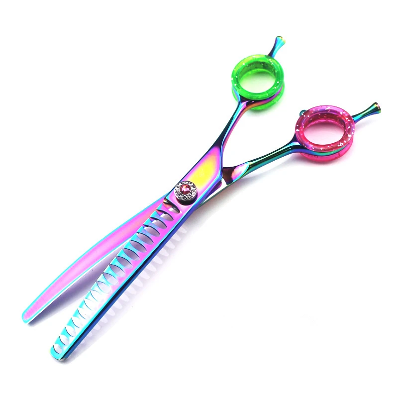 rainbow 18 teeth Профессиональные японские 440c 7 дюймов Цветные Ножницы Для Стрижки собак изогнутые ножницы для стрижки собак Парикмахерские филировочные ножницы парикмахерские ножницы - Цвет: rainbow 18 teeth