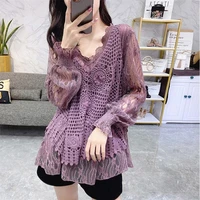 spring autumn new arrival women sweet ruffles v neck fashion lace shirt patchwork hollow out women blouses casual tops 2020