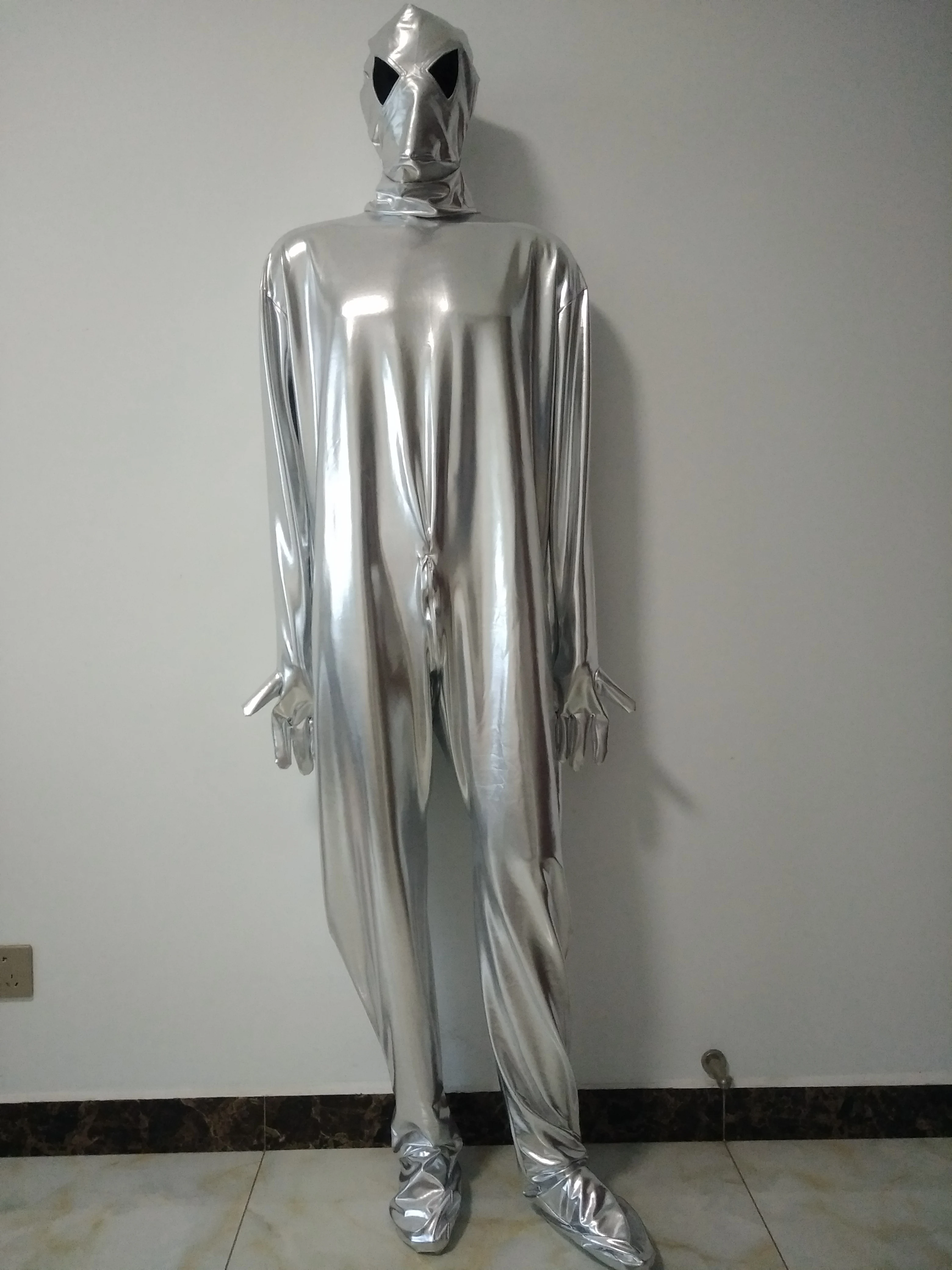 

Комбинезон для взрослых большого размера серебристого цвета для косплея инопланетянин Блестящий металлический полный комбинезон Необычные колготки одежда с открытыми сетчатыми глазами