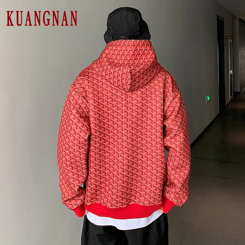 KUANGNAN Argyle Толстовка для мужчин Японская уличная Мужская s толстовки хип-хоп