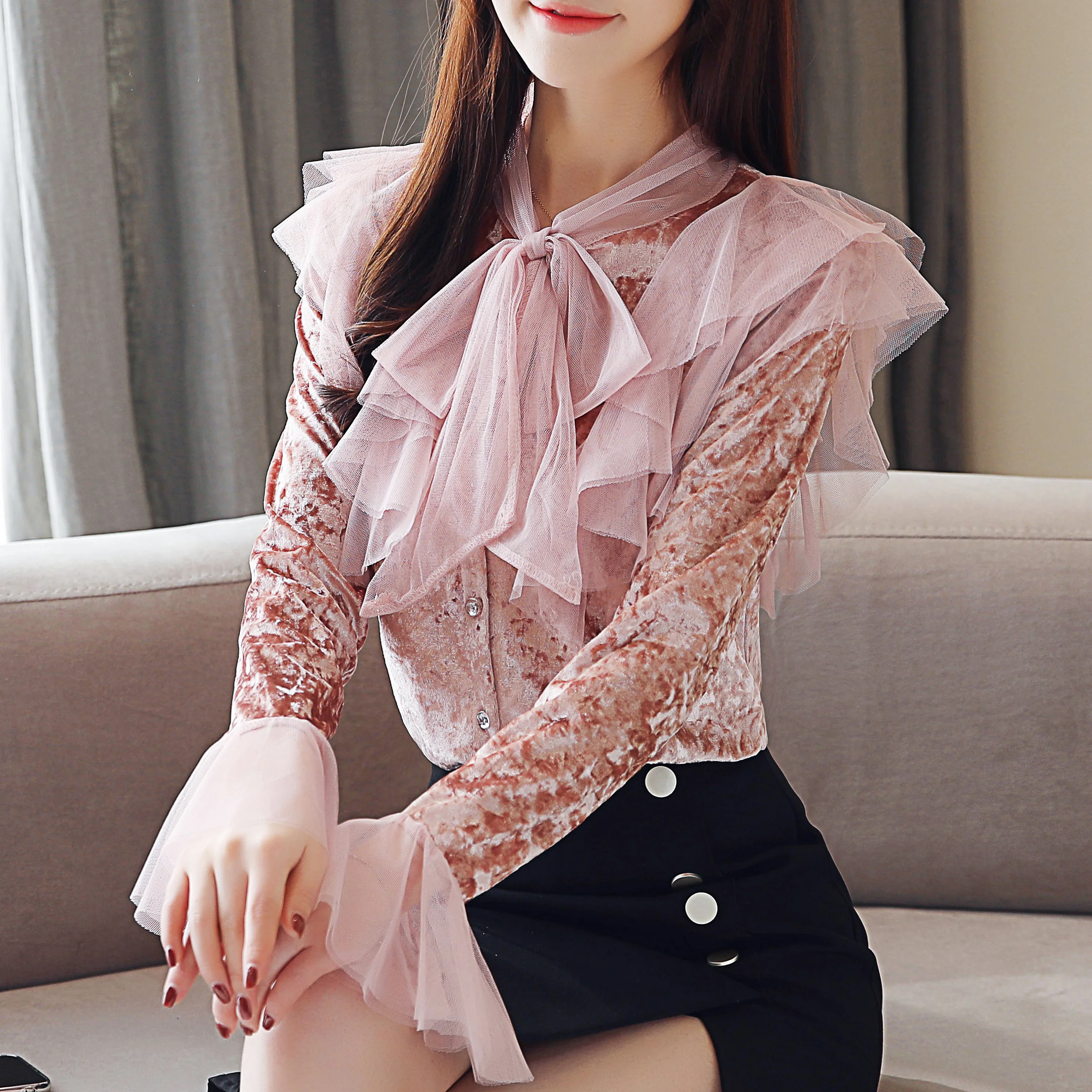 Корейская мода велюровые женские блузки кружевные с длинным рукавом Розовые