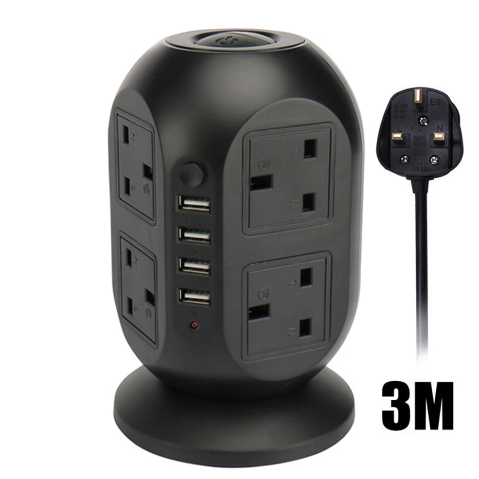 BLACK 3m Cord Вертикальный сетевой адаптер, защита от перенапряжения, 8 розеток AC, UK, розетка с USB 4 портами, защита от перегрузки, 2 м/3 м, удлинитель - Цвет: BLACK 3m Cord