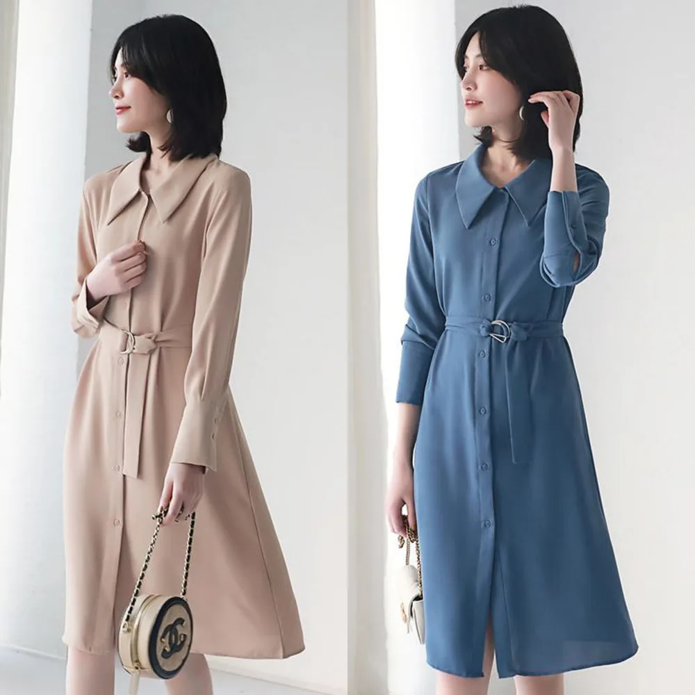 

Женское шифоновое платье-рубашка, элегантное однотонное Повседневное платье с длинным рукавом и отложным воротником на весну