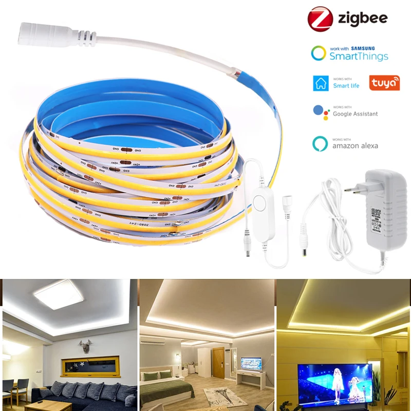 Светодиодная лента Zigbee 3,0, 12 В постоянного тока, 1-5 м, COB, 320 светодиодов, гибкая комнатная светодиодная гирлянда высокой плотности, водонепроницаемая, умная для умных вещей, Alexa - изображение