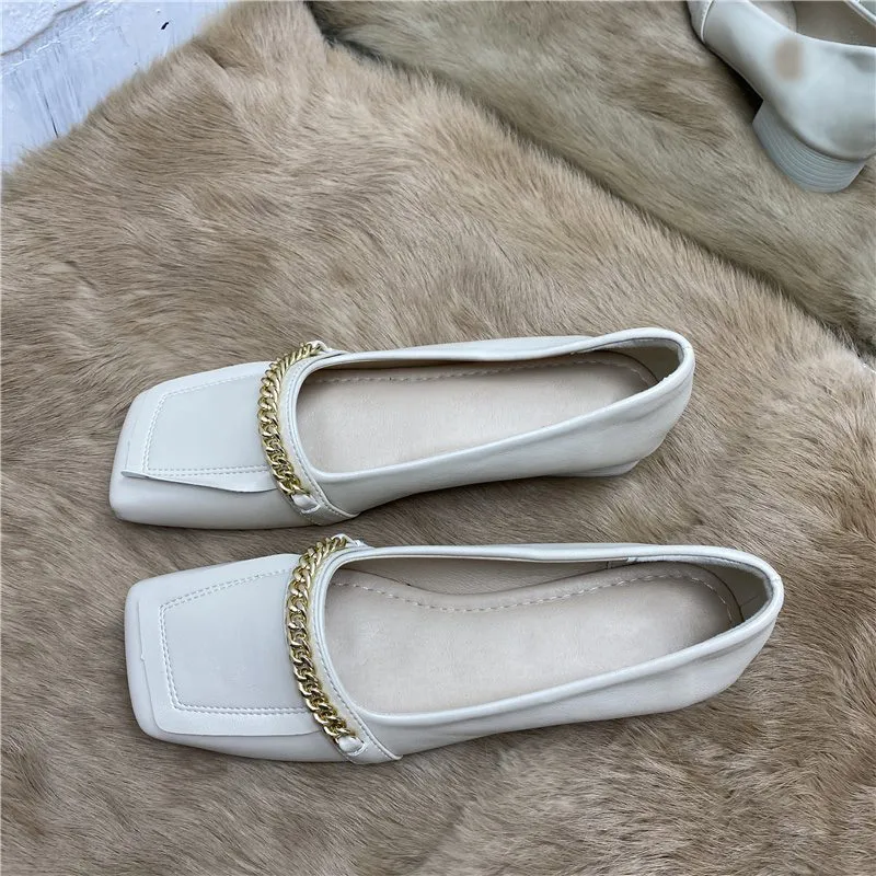 

Women Slip On Loafer Ladies Metal Chain PU Leather Square Toe Square Heels Shoes Female Casuals Comfort Footwear Woman 2021