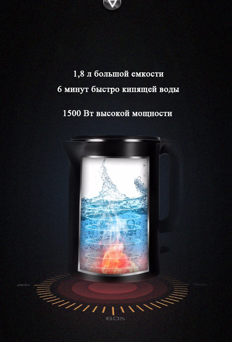 KONKA чайник электрический для воды 1.8L черный чайник