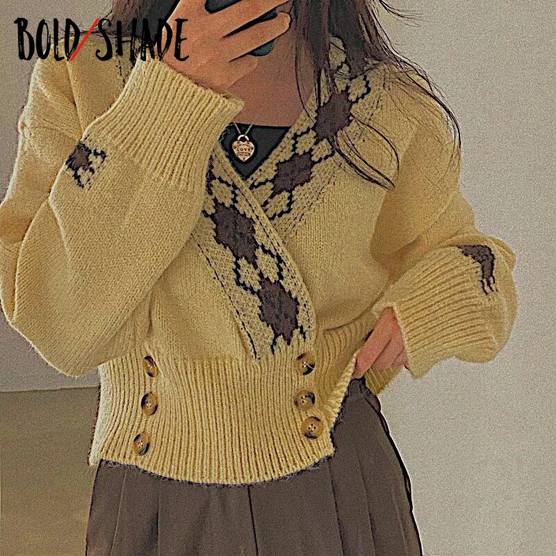 

Bold Shade Goblincore Aesthetic Button Cardigan Sweater Indie Y2K Tricot Argyle Print Sweaters V-Neck Fairy Grunge Knitwear 2021