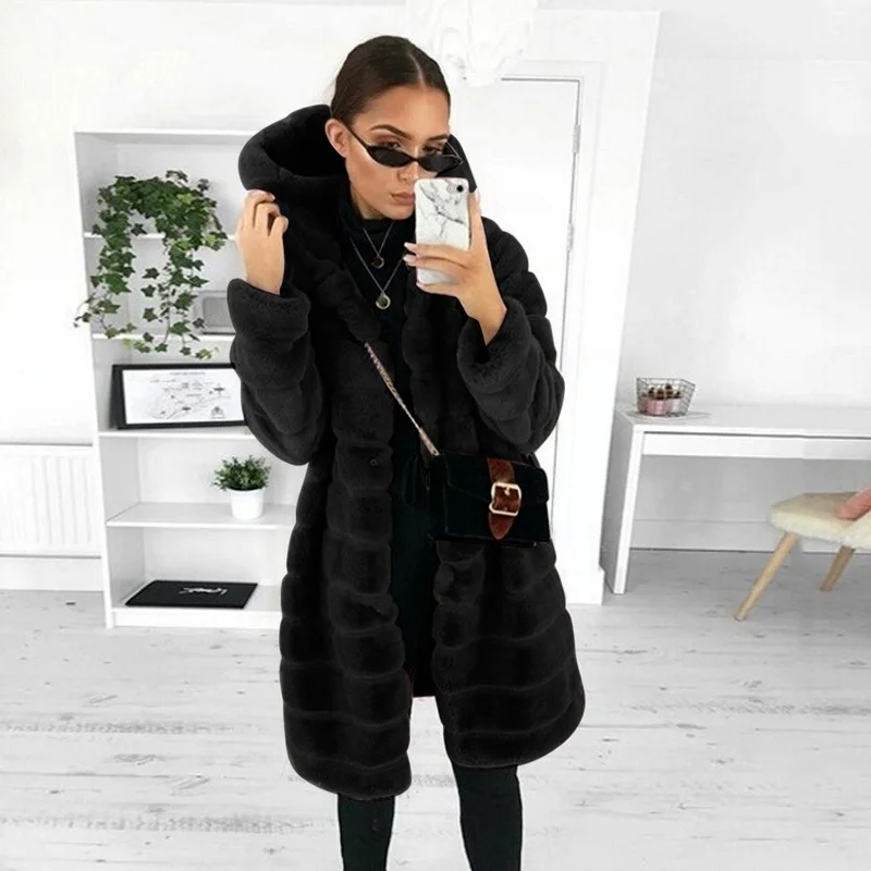 Retro Imitation Mink Fur Long Coats Outcoats Women Solid Colors Hooded Fashion Faux Fur Coats Big Pocket Casual Commute Outwears