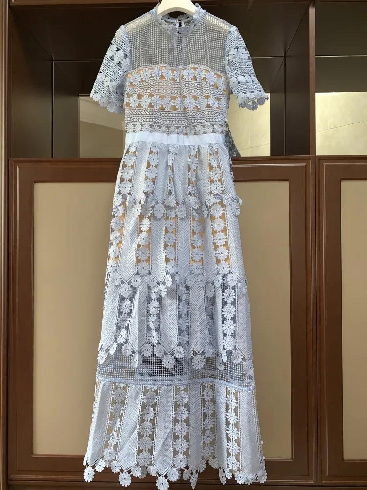 ESHINES дизайнерское длинное платье элегантное голубое вышитое цветочное ажурное