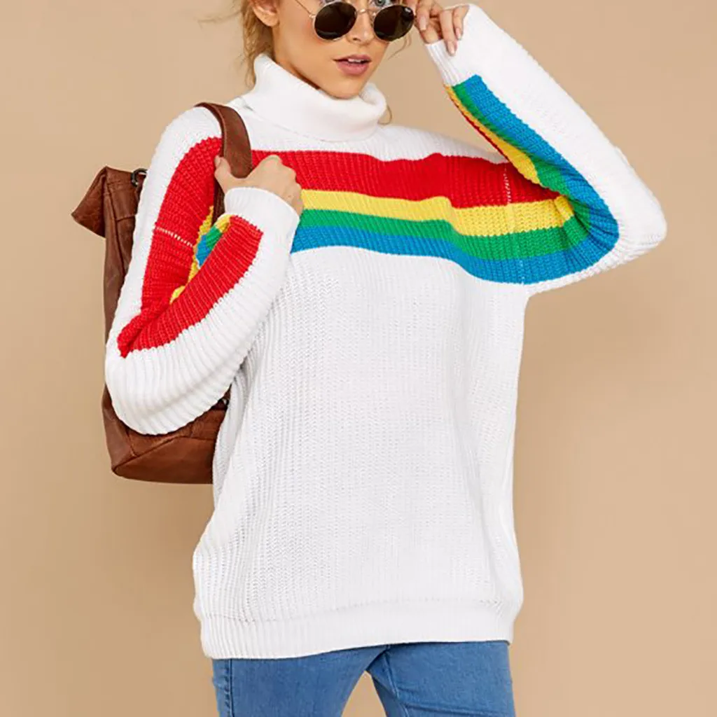 Женский трикотажный свитер с длинным рукавом радужная водолазка в полоску