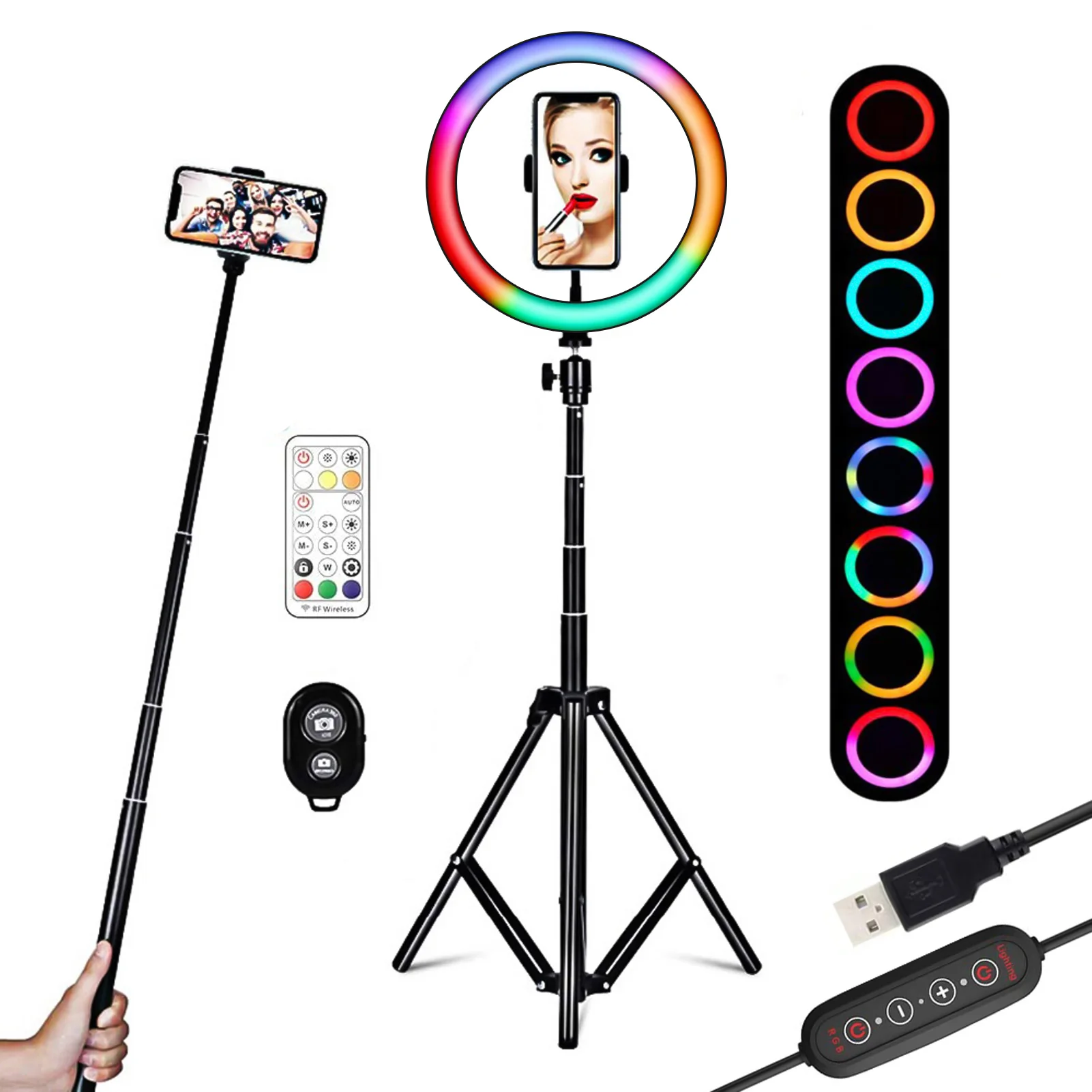 

20/26cm/8/10inch RGB Ring LED Light Dimmable USB Powered with Tripod Light Stand Dual Phone Holders Remote Shutter Photography