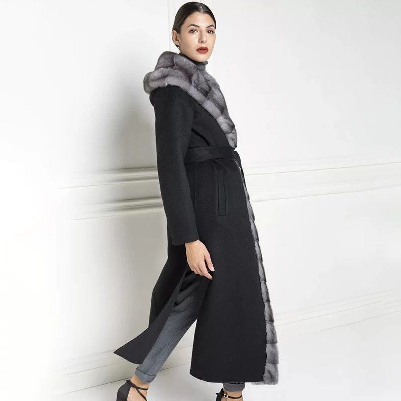 Новинка Женское зимнее шерстяное пальто TOPFUR Nizi из натурального меха норки черное