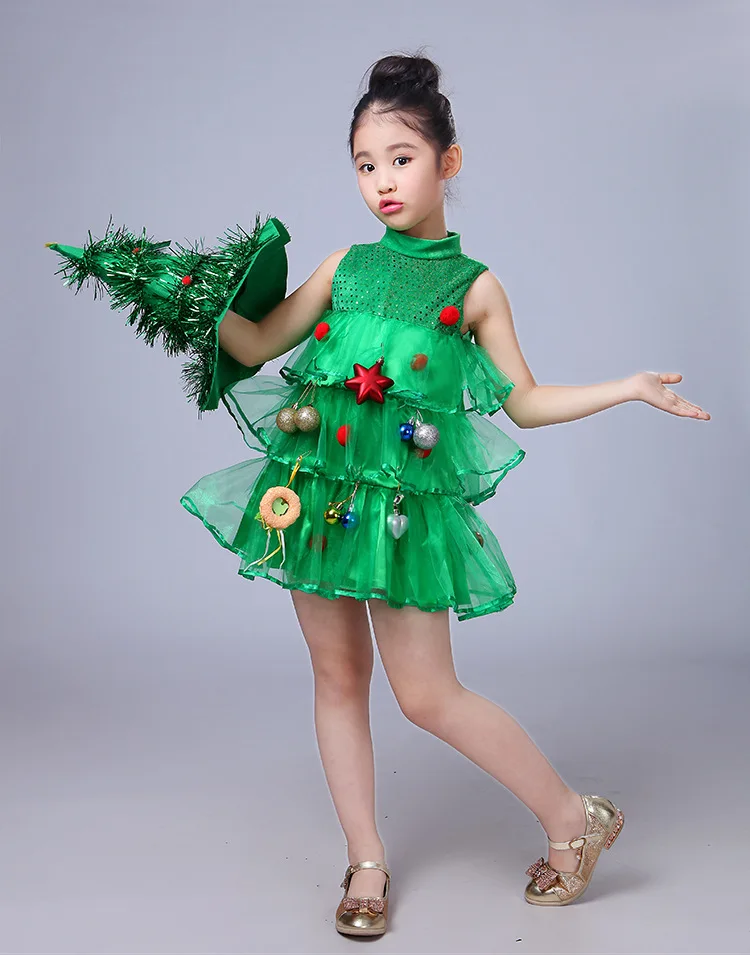 

kids Girls Sleeveless Dresses Children Green Clothes Christmas Halloween Costumes Tree Dress Hat Purim Elf Cosplay
