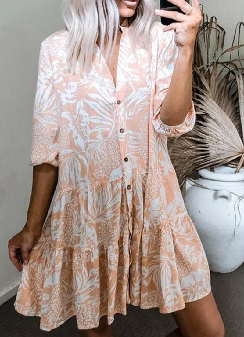 

Summer Women Dress Elegant Print Short Sleeve Chiffon Maxi Dresses for Beach Party Night with Button Decoration Female Vestidos