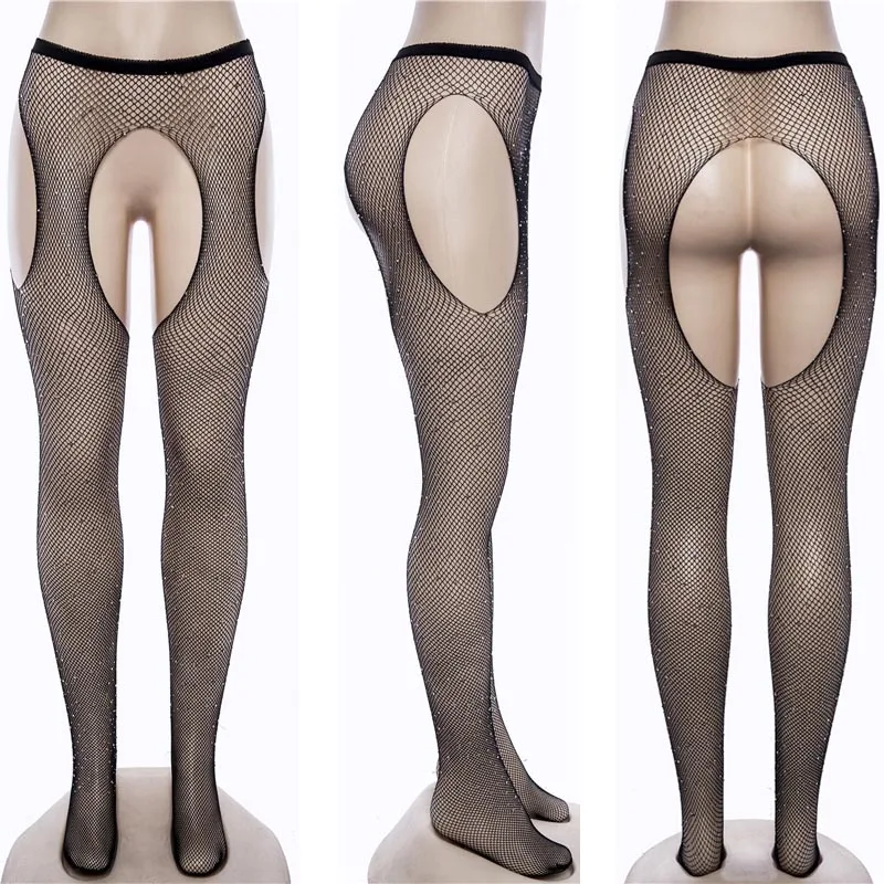 Сексуальные 4 сторонние открытые сетчатые колготки с кристаллами и бриллиантами
