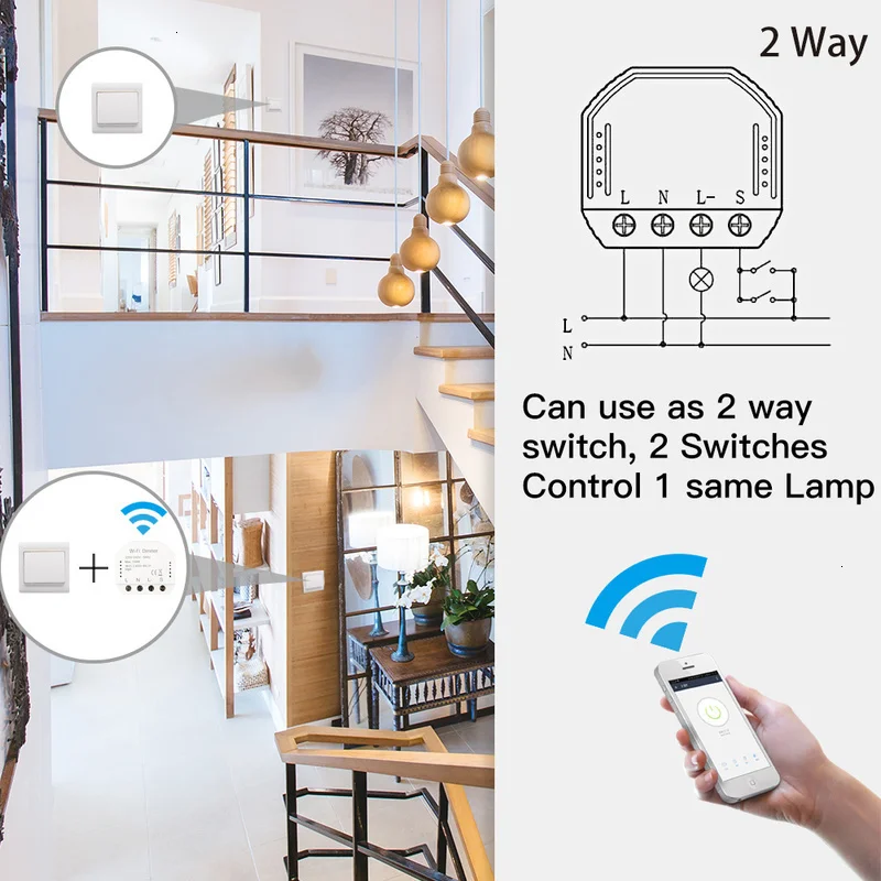

DIY WIFI Smart Lights LED 220V 240V Dimmer APP Remote Control 1 Way 2 Way Switch Breaker Module Works with Alexa Google Home