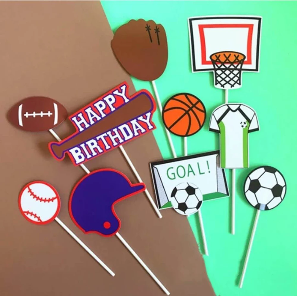 

The World Cup Basketball Football Baseball Paper Cake Toppers Toothpicks Happy Birthday Baby Shower Party Decorations Supplies