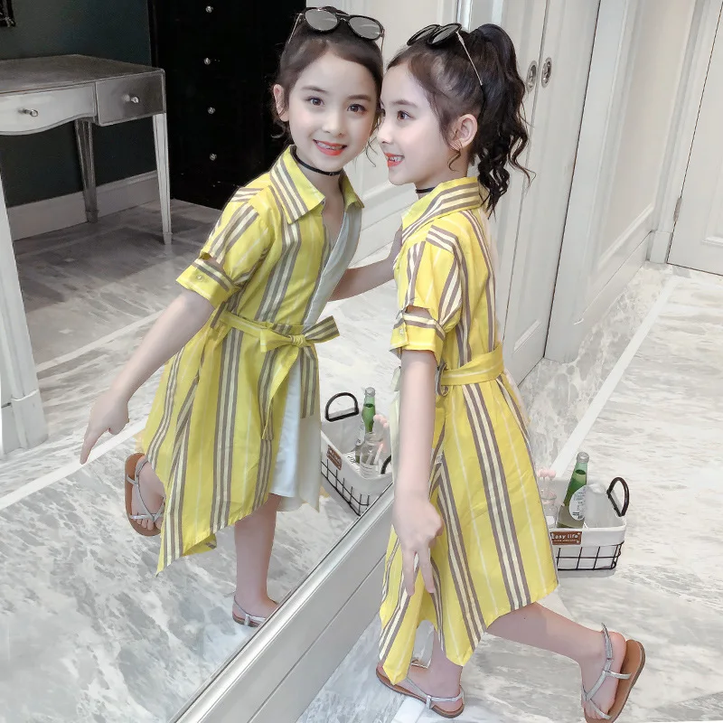 Girls Dress Short Sleeve Summer Kids Dresses for Girl Striped Patchwork Bow Children Princess Clothing 3-12Years | Детская одежда и