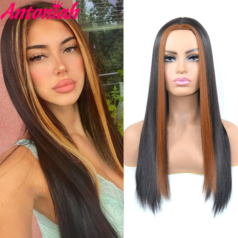

Antoniah синтетический длинный прямой парик средней части для женщин черные коричневые Омбре волосы термостойкие синтетические волосы парики ...